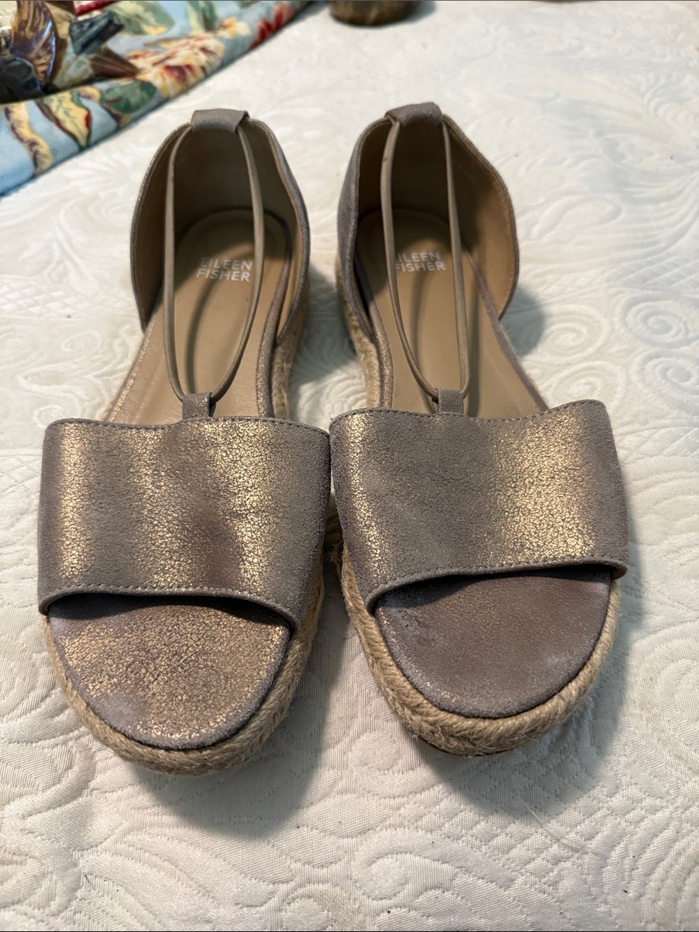 Eileen Fisher Metallic Taupe Espadrille Wedge Sandals